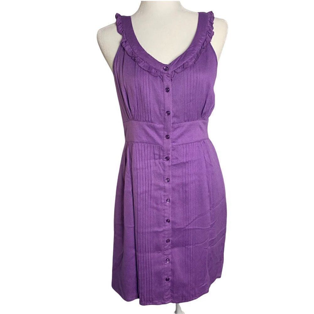Walter Baker Sleeveless Button Down Dress 8 Purple V Neck Pleated Ruffles Lined